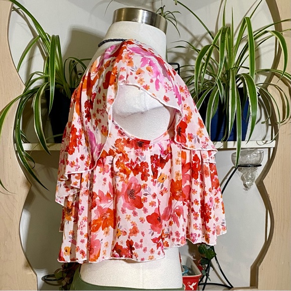 Floral Print One Shoulder Ruffle Trim Top - Picture 3 of 15